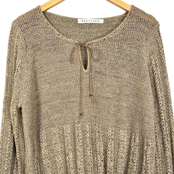 Vintage 90’s Max Studio Boho Tan Knit Long Sleeve Fringe Hem Long Sleeve Top M/L - Picture 9 of 16